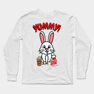 Cute white rabbit is having coffee and cake Long Sleeve T-Shirt